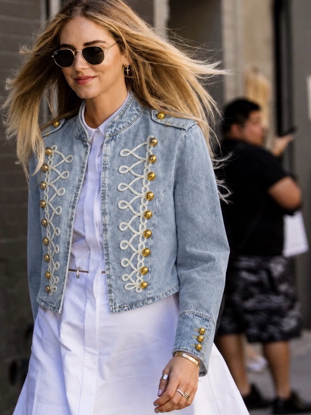 Light Blue Military-Style Denim Jacket with Gold Buttons